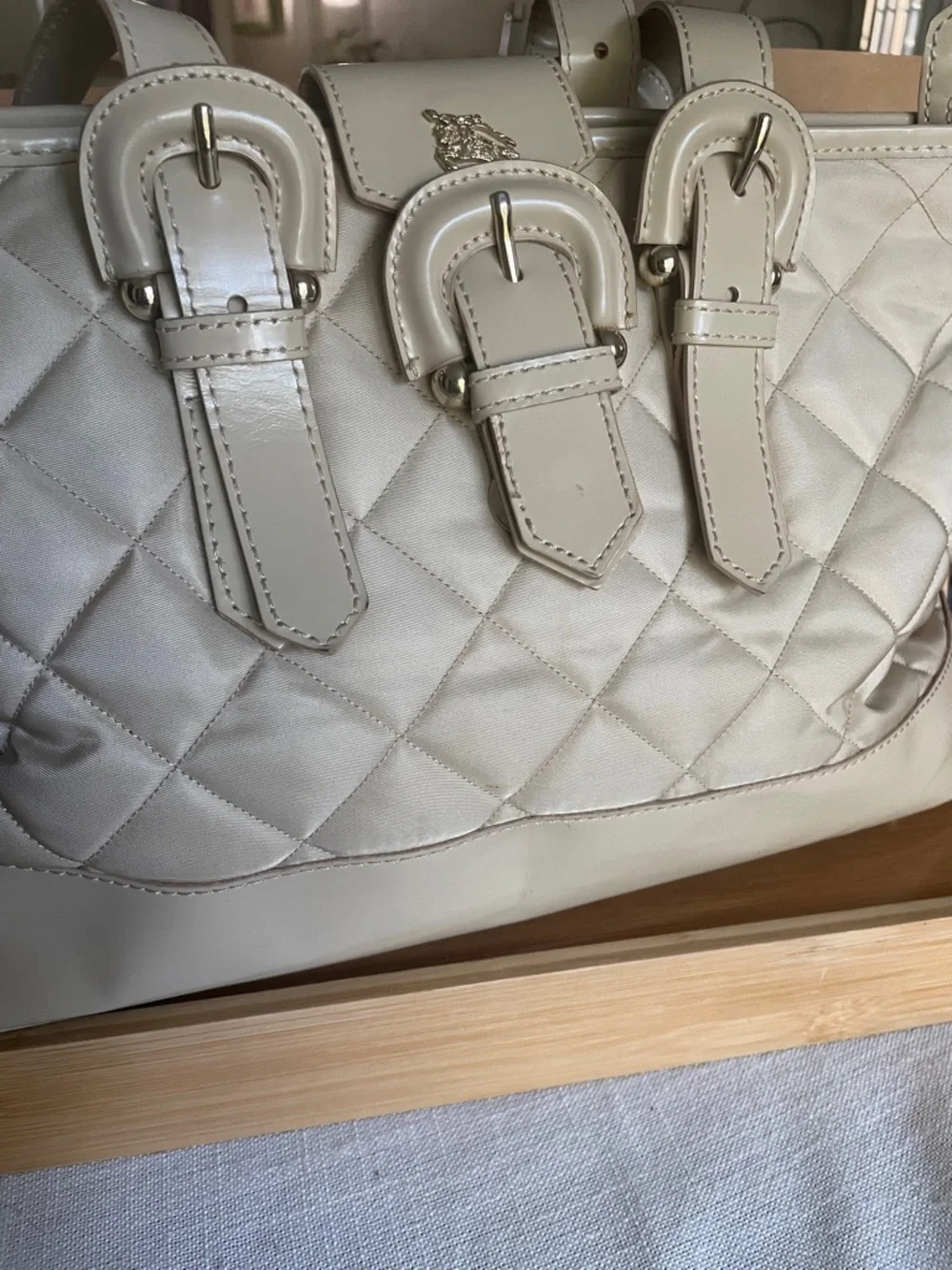 Burberry Cream Quilted Satchel with Buckle Strap Details